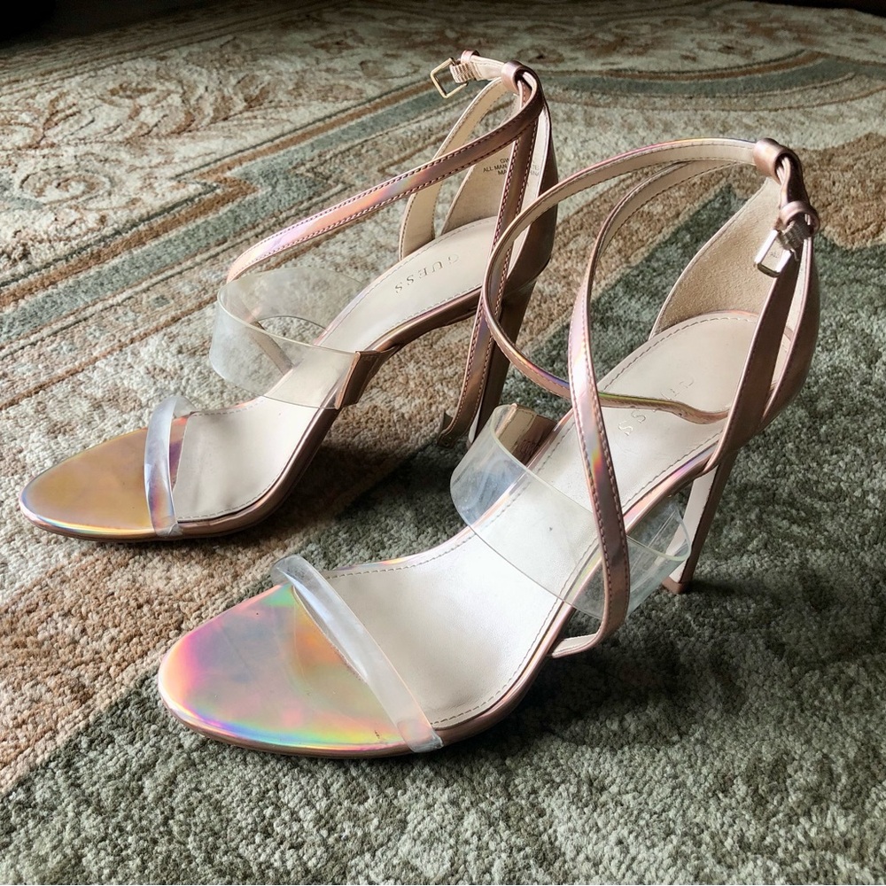 Guess Iridescent Rose Gold Clear-Strap Stiletto Sandals